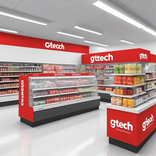 Prompt: Create a catalog cover for supermarket equipment featuring various products such as disply shelvea, chillers, freezer, shopping trolley, cash counter etc. The layout should have a clean and professional look with a white background. Include the brand name 'GTECH' at the top in bold red letters in a clean, modern font below the images. Also, add '2023 Edition' at the bottom right corner. Ensure the products are arranged neatly with larger items at the back and smaller items at the front.