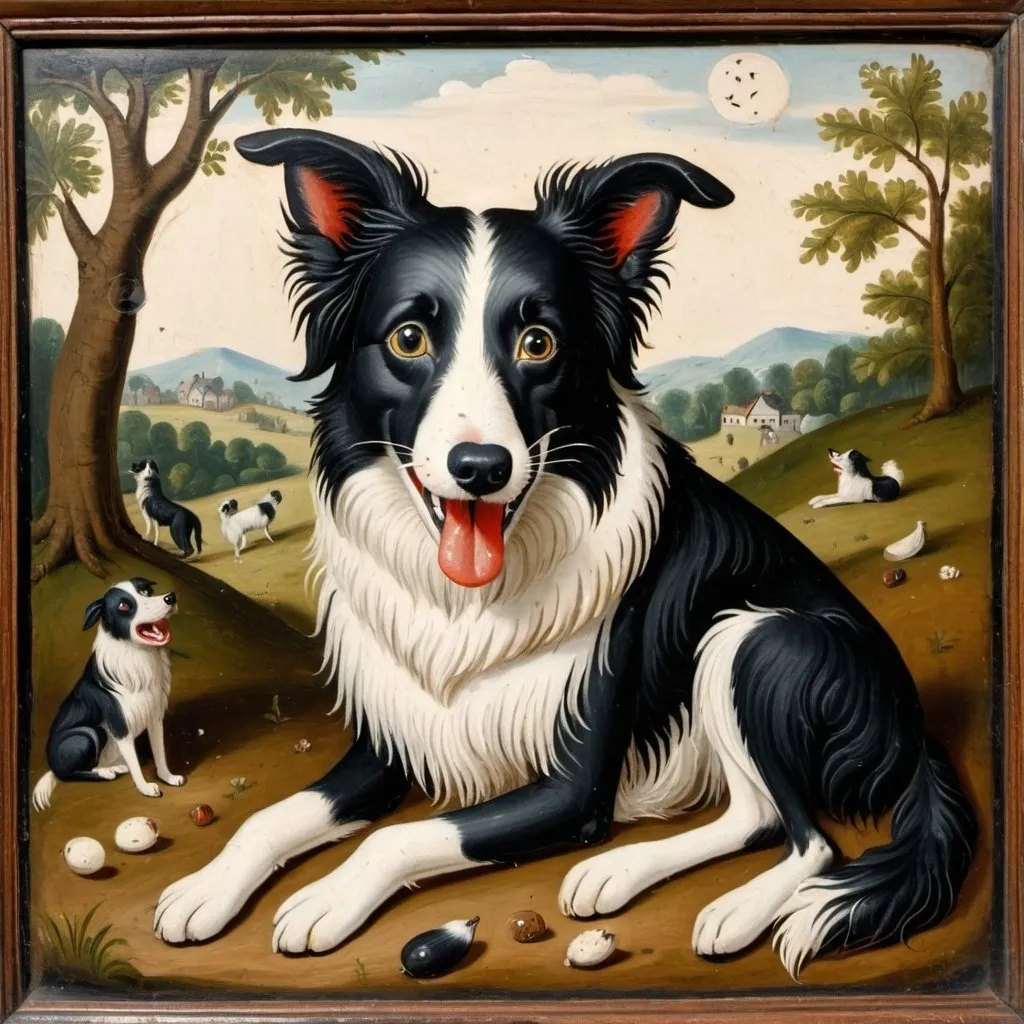 Prompt: Naive folk art 18th century, border collie licking someones kneecap who is sitting cross-legged