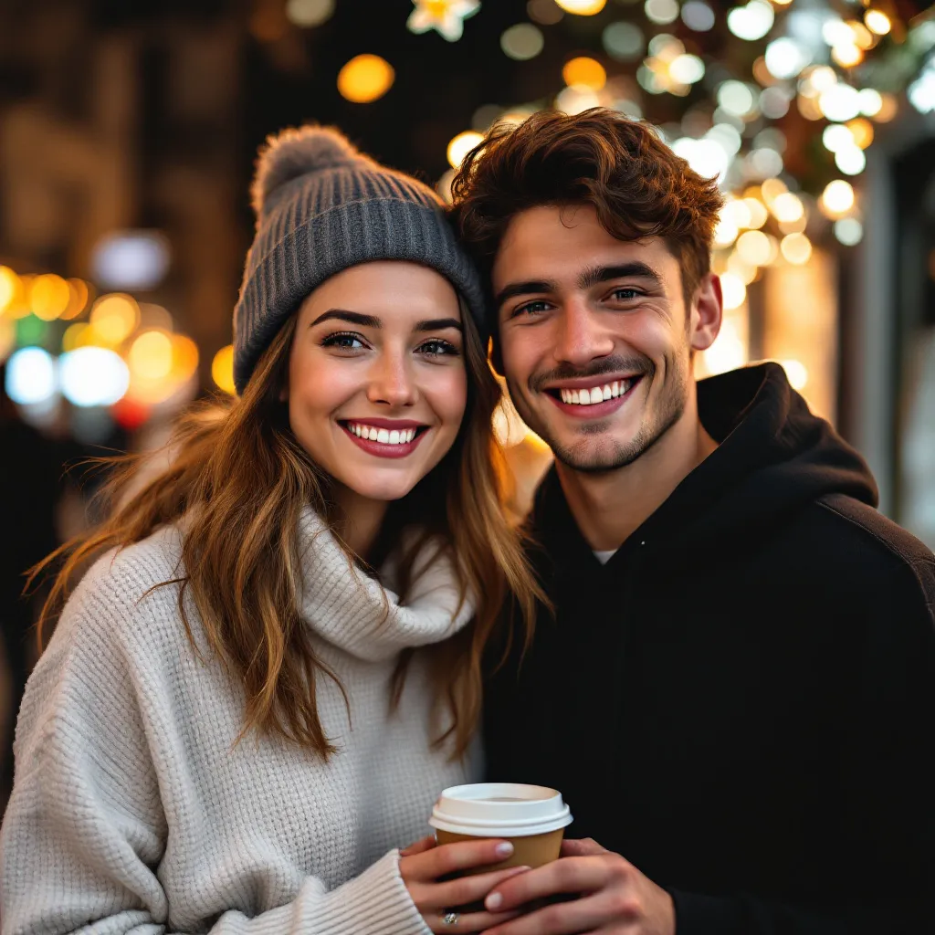 Prompt: A brightly lit street scene fills the background, adorned with decorative lights that add a festive touch to the night. Two young adults stand closely together, both smiling warmly for the camera; the woman wears a cozy white sweater complemented by a stylish gray hat, while the man is dressed in a black hooded sweatshirt. Their cheerful expressions convey a sense of happiness and camaraderie, as they hold a cup in her hand, suggesting they might be enjoying a warm drink or festive treat. The ambient lighting creates a warm glow around them, enhancing the lively atmosphere of the evening.