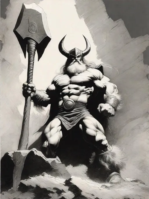 Prompt: B&W frazetta art, a huge muscular thor holding an ax, detailed, high quality, Albus Dumbledore