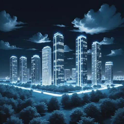 Prompt: at night,a group of tall buildings with lights on, a large landscape with trees and white short buildings around and clouds, one building  50% transparent blue color