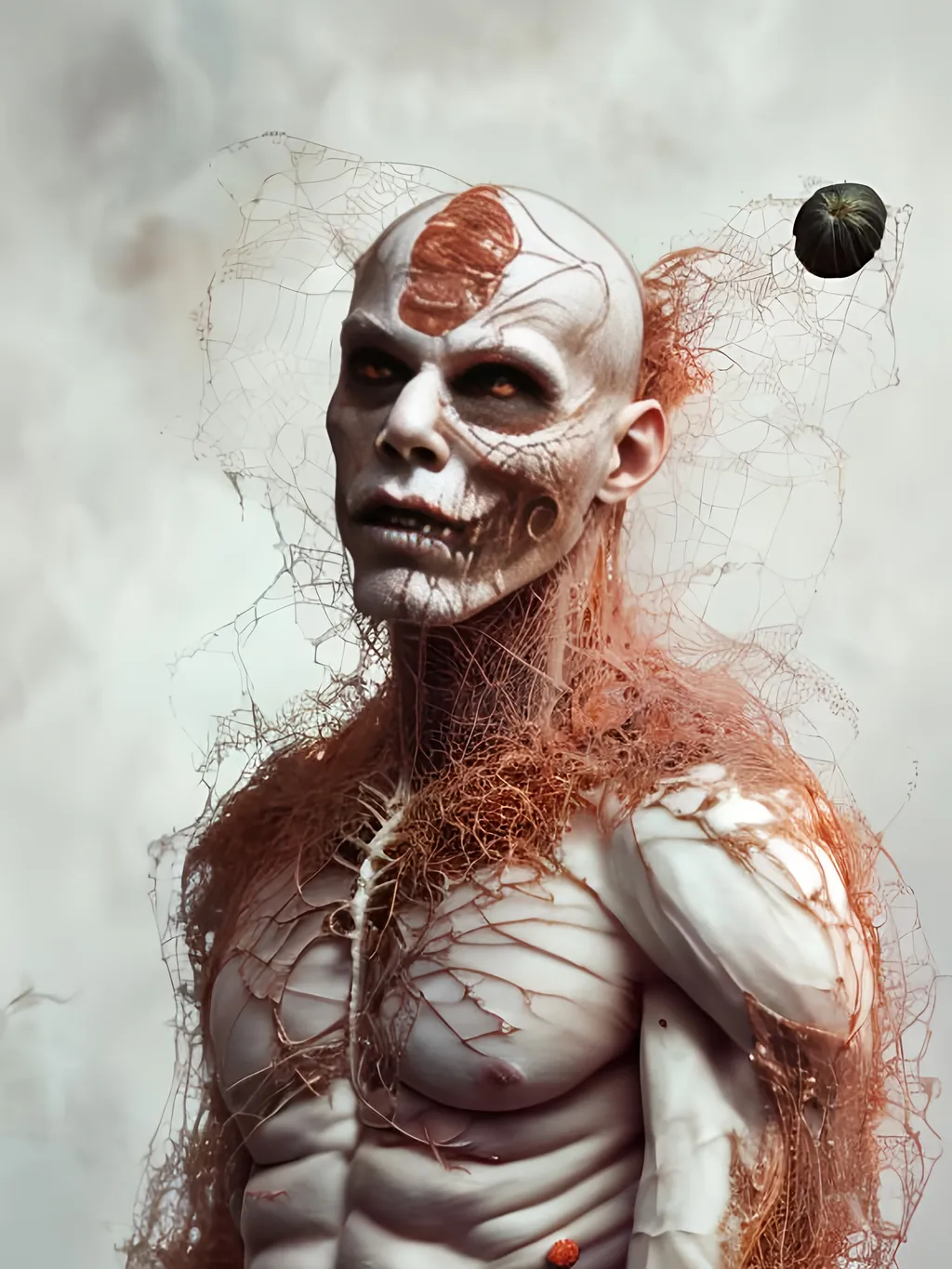 Prompt: An award winning photography portrait of a halloween white male, blood hair, web, surreal decorated skin, masculine, pumpkins in the background, castle, full body in motion, defined body, full body, stunning realistic, mist, raw photograph, defined body,maximalism, octane render, unreal, 8k, depth of field, bokeh, black ink, 8k, hyperreal, 50mm, kodak portra 400, photograph by Martin Schoeller, Natural Light, natural skin, real skin texture, muscular and hairy. Masculine. Replace my teeth with fangs.