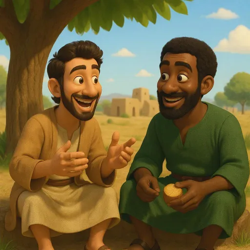 Prompt: “3D cartoon-style image of two animated biblical men sitting under a large shady tree in an ancient Middle Eastern village setting. Bartholomew, a cheerful young man in a brown robe with curly dark hair and short beard, is laughing with a wide open-mouth smile, holding a half-eaten roasted fish as he gestures animatedly. Simon, a slightly older man in a green robe with a full beard and afro-textured hair, is nodding in agreement with a silly, exaggerated expression—eyebrows raised and cheeks puffed out—while holding a piece of yam. The scene is bright and sunny with a campfire in the background, Pixar-style lighting and animation.”

