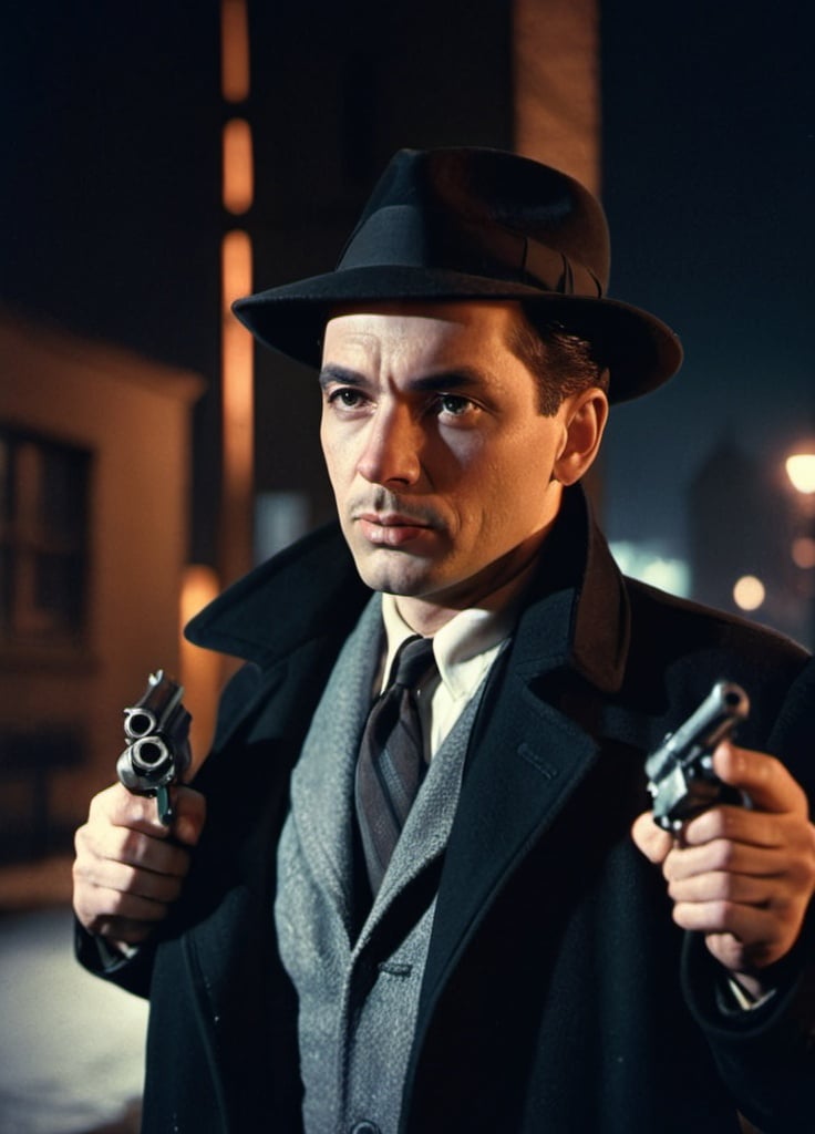 Prompt: dim, night film noir photography, Detective, 1950s, holding revolver, city background, black coat and hat, shadows