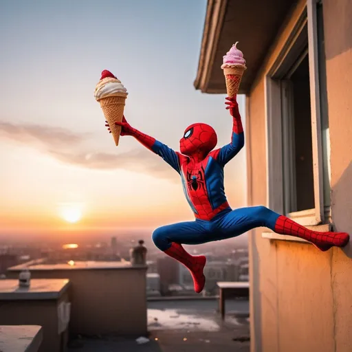 Prompt: Create an image of a boy wearing Spiderman dress and he is hanging from a building and trying to catch ice cream cup with one hand and a chair with other hand. Sunset in the background.