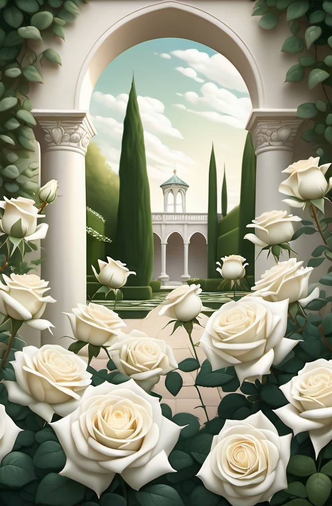 Prompt: High-resolution illustration of a serene royal garden filled with elegant white roses in full bloom. The roses stand tall with lush, deep green leaves, creating a striking contrast against their pure white petals. The background features hints of ornate garden architecture, softly blurred to maintain focus on the roses, while the sky shows a gentle gradient that complements the flowers. The scene is enhanced with subtle watercolor washes that add a sense of grace and refinement, using a palette of soft pastels and muted tones. Each rose is depicted with intricate details, highlighting the delicate texture of the petals and the natural curves of the blooms. The overall atmosphere is one of tranquility  and regality, with a photorealistic yet slightly ethereal quality, using matte painting techniques to emphasize the elegance and beauty of the garden setting.