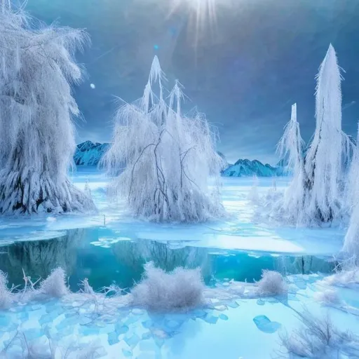 Prompt: Miraculous winter scenery of Lake Baikal, layered ice formations, snow-covered trees, northern landscape, crystal clear ice, icy trees, magical winter wonderland, high quality, detailed, realistic, snowy landscape, serene, natural beauty, layers of ice, snowy trees, winter wonder, sparkling snow, northern charm, icy lake, ethereal lighting, serene atmosphere