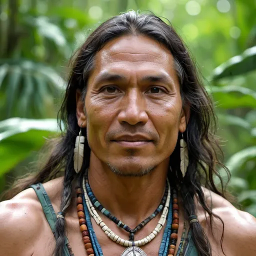 Prompt: Native American Man, 39 years old, Traditional Clothing, Head and shoulders, Radiant, Long Hair, Joyful Eyes, Peaceful expression, Strong Jaw, Prominent Cheekbones, Long Face, Jungle Environment, curly hair, strong muscles, hook nose

