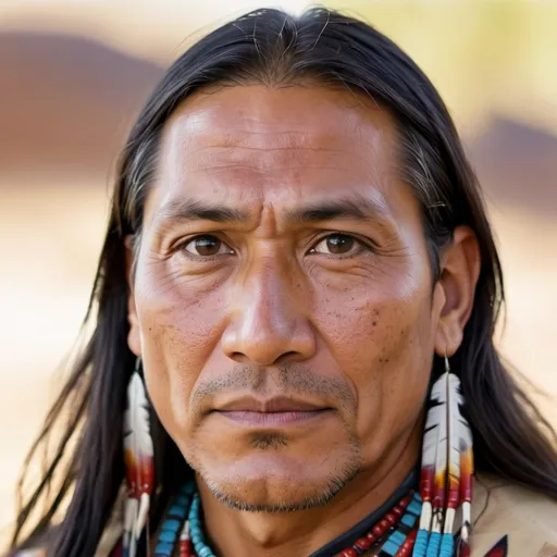 Prompt: Native American Man, 40 years old, Traditional Clothing, Headshot, Serious Expression, Radiant, Long Hair, Joyful Eyes
