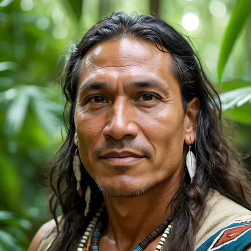 Prompt: Native American Man, 39 years old, Traditional Clothing, Head and shoulders, Radiant, Long Hair, Joyful Eyes, Peaceful expression, Strong Jaw, Prominent Cheekbones, Long Face, Jungle Environment, curly hair, strong muscles, hook nose


