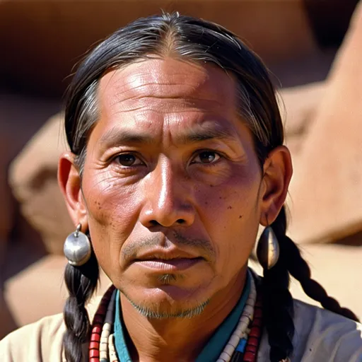 Prompt: Hopi Man, 40 years old, Traditional Clothing, Headshot, Serious Expression, Radiant, Braids
