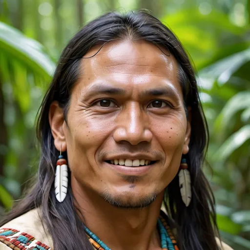 Prompt: Native American Man, 35 years old, Traditional Clothing, Headshot, Radiant, Long Hair, Joyful Eyes, Peaceful expression, Strong Jaw, Prominent Cheekbones, Jungle Environment

