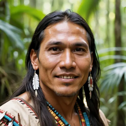 Prompt: Native American Man, 35 years old, Traditional Clothing, Headshot, Radiant, Long Hair, Joyful Eyes, Peaceful expression, Strong Jaw, Prominent Cheekbones, Jungle Environment

