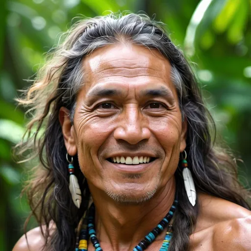 Prompt: Native American Man, 50 years old, Traditional Clothing, Head and shoulders, Radiant, Long Hair, Joyful Eyes, Peaceful expression, Strong Jaw, Prominent Cheekbones, Long Face, Jungle Environment, curly hair, strong muscles, hook nose, smile with no teeth showing, thin, handsome


