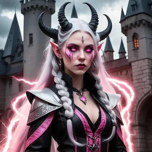 Prompt: Demure mephistopheles tiefling young woman with very silver skin, bright pink eyes, silver horns, long straight almost black silver hair in high french braids, powerful sorceress with pink lightning, luxurious mage clothing, nobility, standing in front of a castle, enchanting face, chaotic good alignment