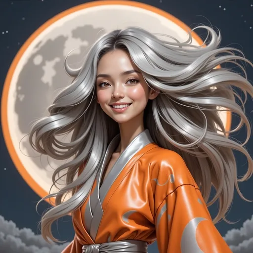 Prompt: mad-mdrnmnmlsm painting of a cyberpunk woman wearing an orange and silver leather kimono in front of a silver stylized moon, long silver hair,  flowing hair, windblown hair, smiling, paint splashes, outrun, orange and gray night sky <lora:modern-minimalism-flux:1.0> brush_stroke