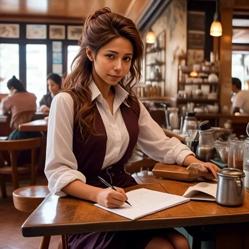 Prompt: <mymodel> in a barista outfit, writing down orders in a cafe, in the style of Tsukasa Hojo.