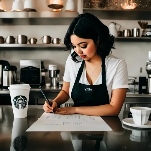 Prompt: <mymodel> Female barista wearing an apron is writing on a paper coffee cup.