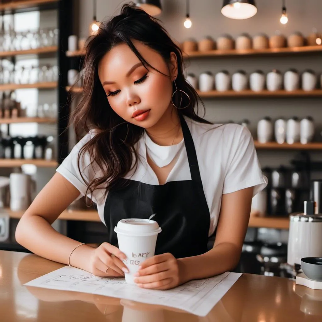 Prompt: <mymodel> Female barista wearing an apron is writing on a paper coffee cup.