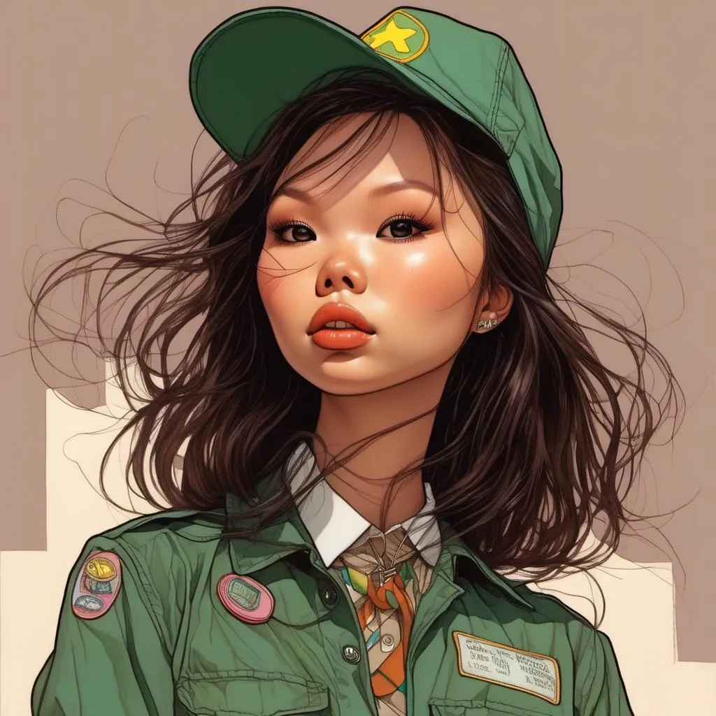 Prompt: <mymodel>Woman wearing a girl scout uniform, comic book illustration in the style of Dave Stevens.