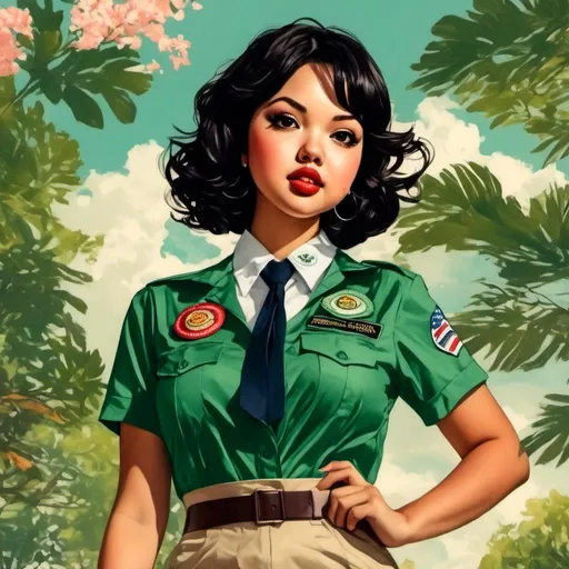 Prompt: <mymodel>Woman wearing a girl scout uniform, comic book illustration in the style of Shimoku Kio.