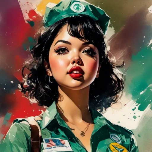 Prompt: <mymodel>Woman wearing a girl scout uniform, comic book illustration in the style of Bill Sienkiewicz.