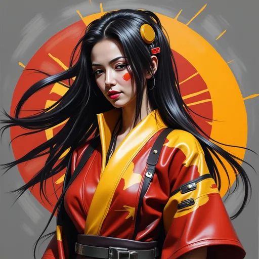 Prompt: mad-mdrnmnmlsm painting of a cyberpunk woman wearing a red and yellow leather kimono in front of stylized sun, long black hair,  smiling, windblown hair, cybernetic implants, paint splashes, outrun, gray and orange background <lora:modern-minimalism-flux:1.0> brush_stroke