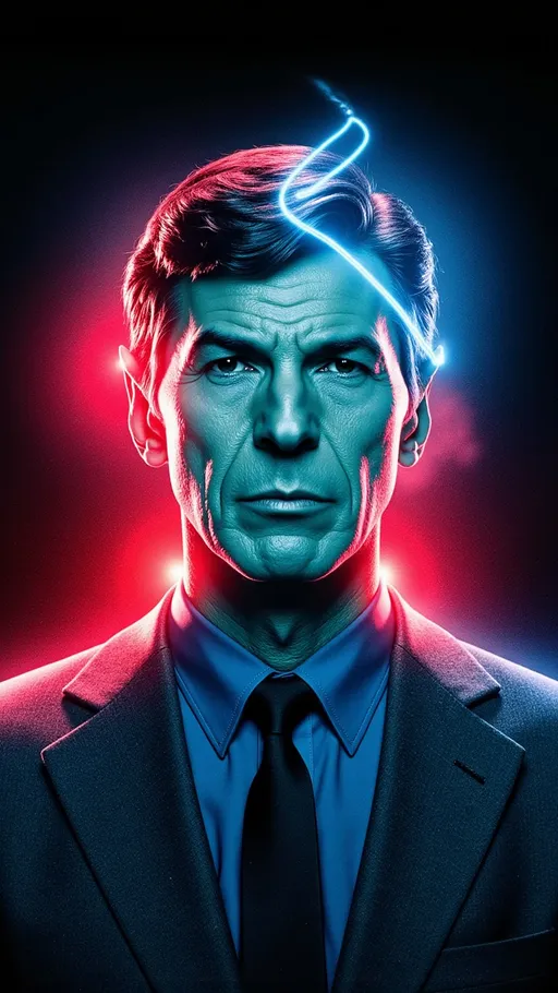 Prompt: a man in a suit and tie with a red light coming out of his face and a blue background, David Budd, poster art