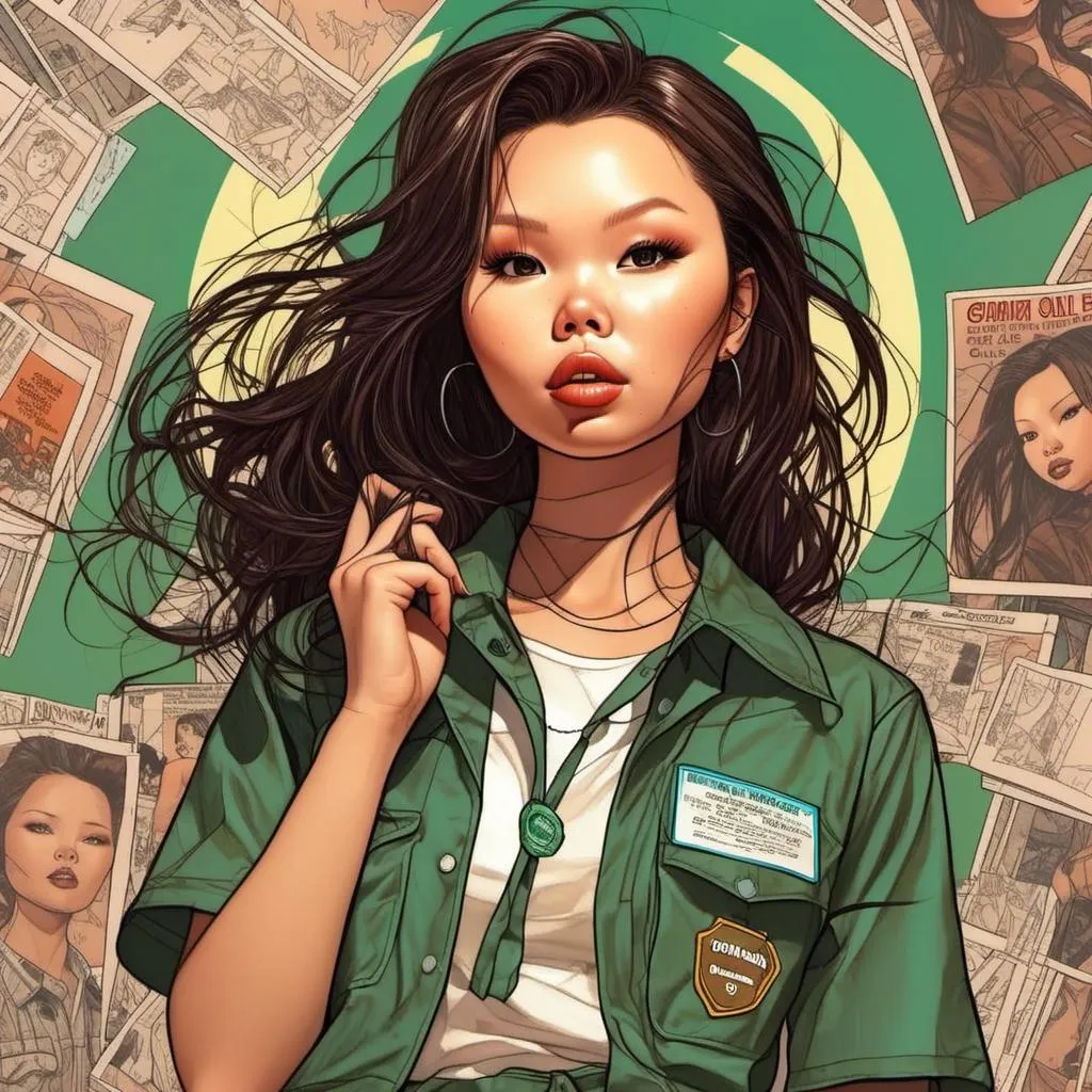 Prompt: <mymodel>Woman wearing a girl scout uniform, comic book illustration in the style of Dave Stevens.