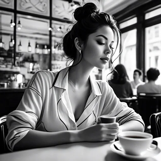 Prompt: <mymodel>black and white ink outline of woman drinking tea at a cafe. Hair up in a messy bun, loose bun, wavy hair