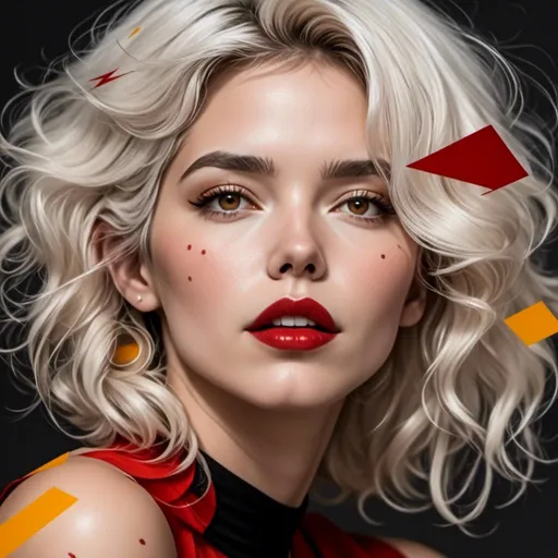 Prompt: <mymodel> Patrick Nagel style, messy white hair, image of a woman's face using only black, white, red, orange, and yellow.