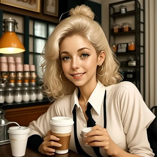 Prompt: <mymodel> wearing a barista uniform and drinking coffee. blonde hair, 18 years old.  working the cafe counter.