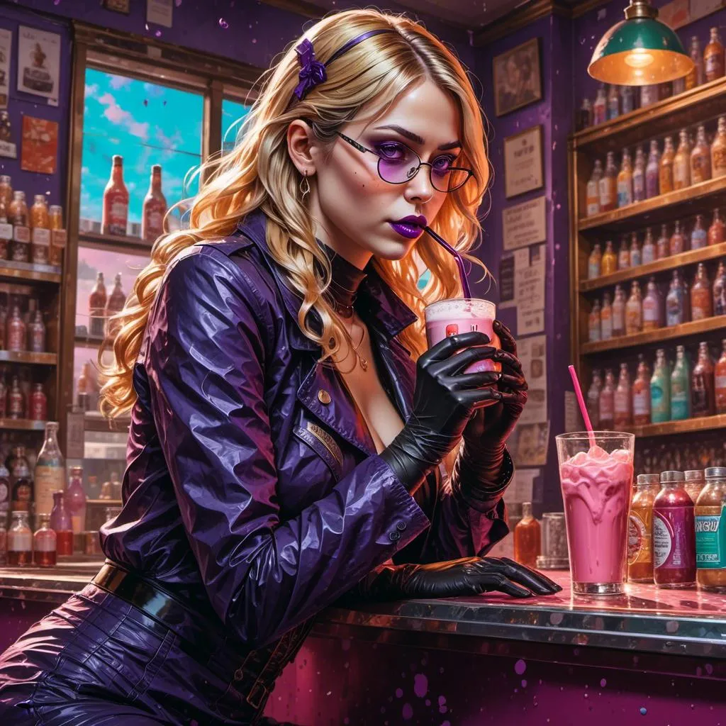 Prompt: <mymodel> Drinking a malt shake in a drug store soda counter. Pop Art color illustration