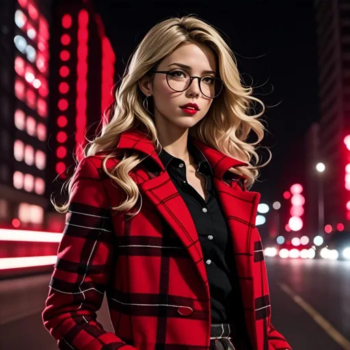 Prompt: <mymodel> Red framed horn rimmed glasses with dark transparent lenses, blonde hair, and red and black tartan jacket with black shirt. 
Image only using only black, red, and gray.
Night cityscape with neon red and black buildings in the background.