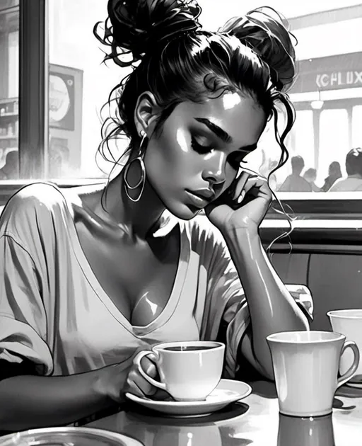 Prompt: <mymodel>black and white ink sketch of woman drinking tea at a cafe. Hair up in a messy bun, loose bun, wavy hair