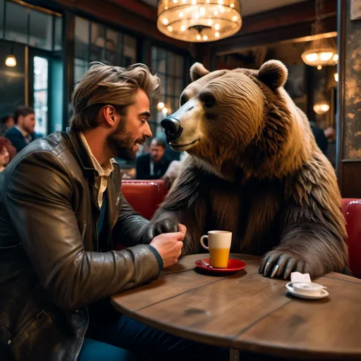 Prompt: <mymodel>attractive man and grizzly bear react emotionally toward each other in a Paris cafe.