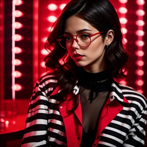 Prompt: <mymodel> Red framed horn rimmed glasses with bright reflections on the lenses, and red and black layered shirts. using only black, red, and white.  Background is black with neon red light.