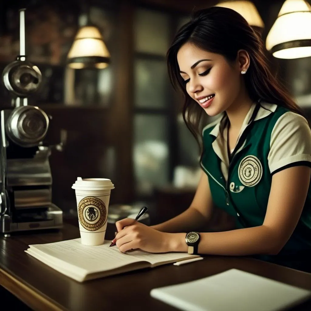 Prompt: <mymodel>woman is working as a barista and writing on a paper cup