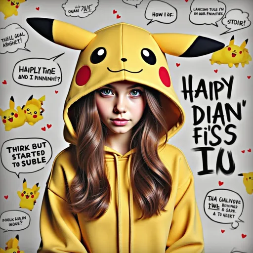 Prompt: a girl in a pikachu costume with a pikachu hat on her head and a pikachu hoodie on, Artgerm, shock art, photorealistic,