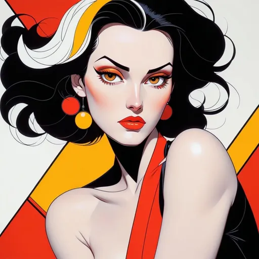 Prompt: Patrick Nagel style, image of a woman using only black, white, red, orange, and yellow.