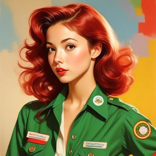 Prompt: <mymodel> Wearing a girl scout uniform. Apple red hair, Peter Max illustration
