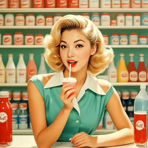 Prompt: <mymodel> Drinking a malt shake in a drug store soda counter. Blonde hair, 50's editorial color illustration
