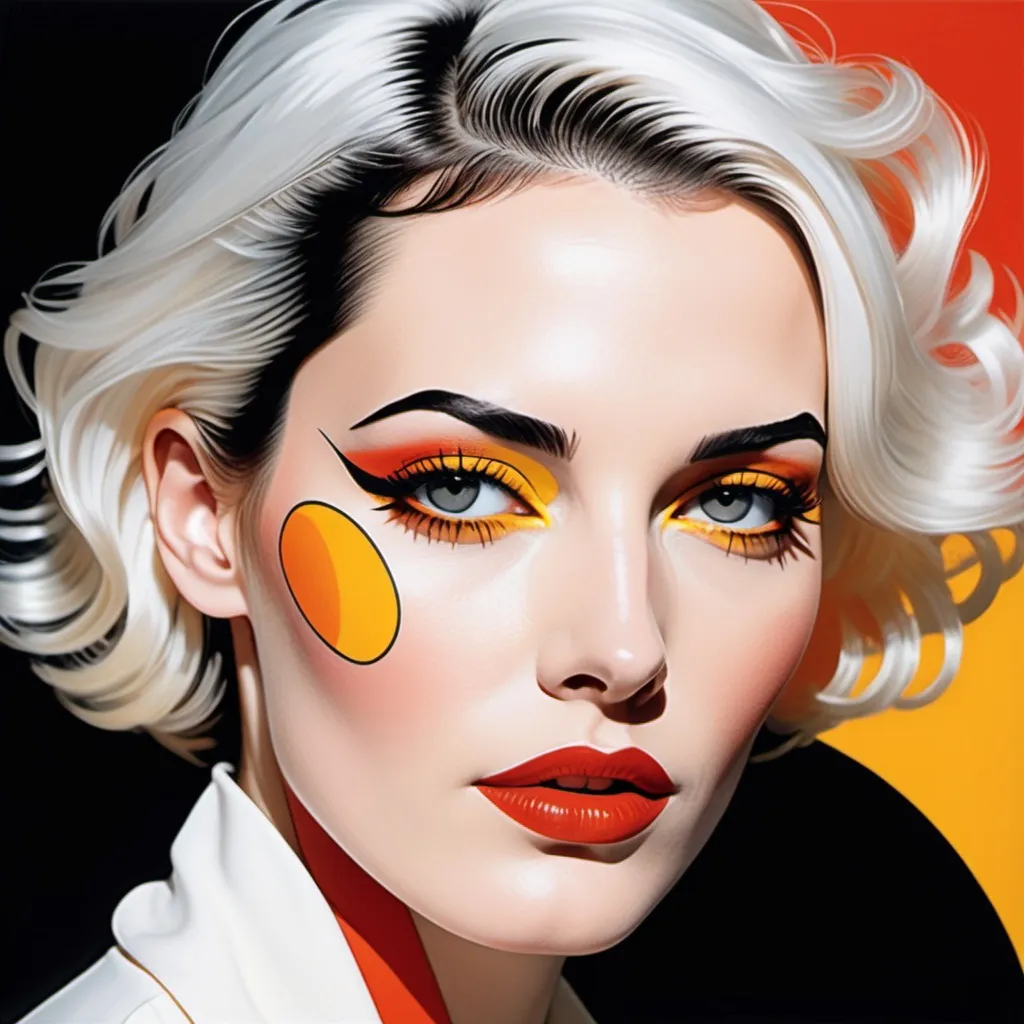 Prompt: Patrick Nagel style, white hair, image of a woman's face using only black, white, red, orange, and yellow.