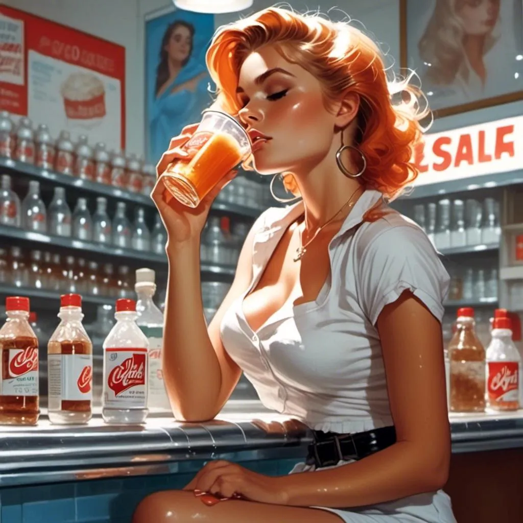 Prompt: <mymodel> Drinking a malt shake in a drug store soda counter. 50's editorial color illustration