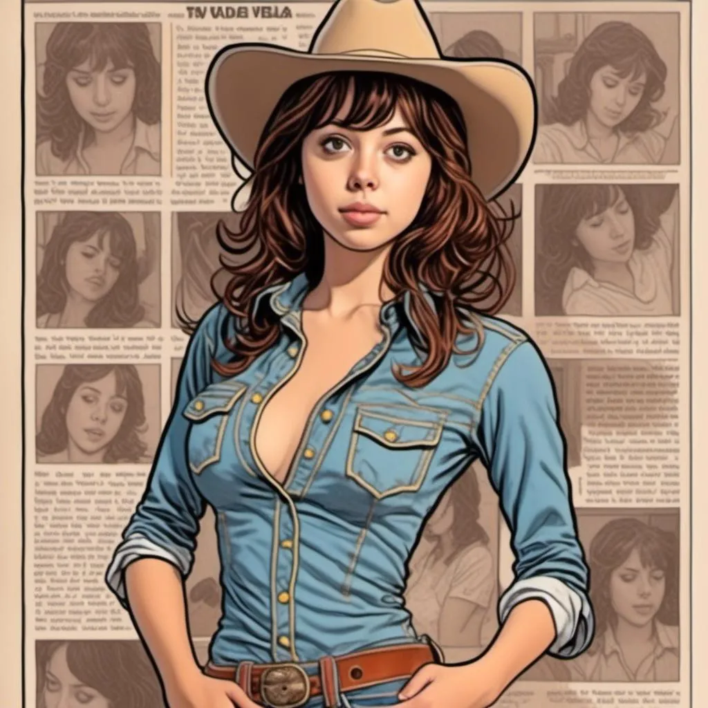 Prompt: <mymodel>comic book image of a woman in a cowgirl outfit, Dave Stevens illustration.