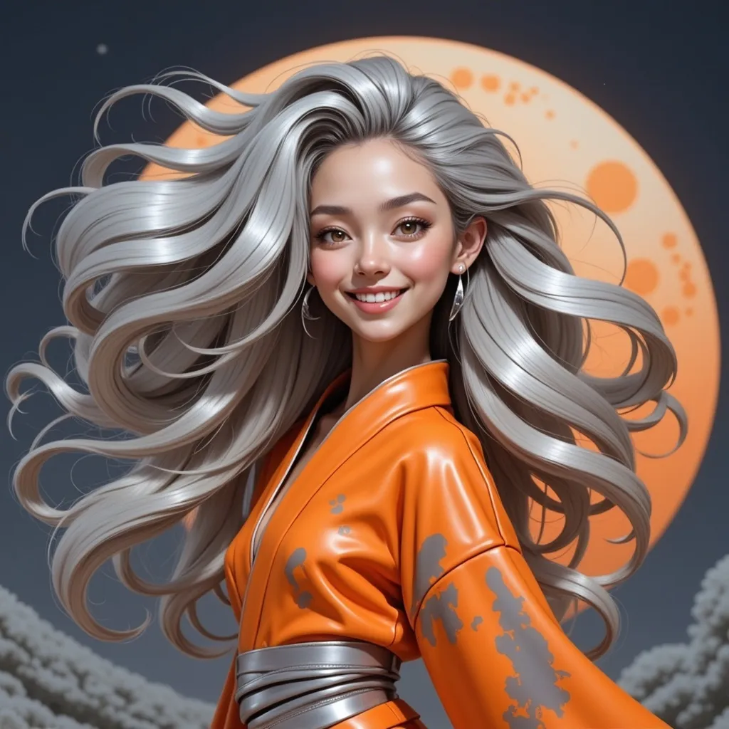 Prompt: mad-mdrnmnmlsm painting of a cyberpunk woman wearing an orange and silver leather kimono in front of a silver stylized moon, long silver hair,  flowing hair, windblown hair, smiling, paint splashes, outrun, orange and gray night sky <lora:modern-minimalism-flux:1.0> brush_stroke