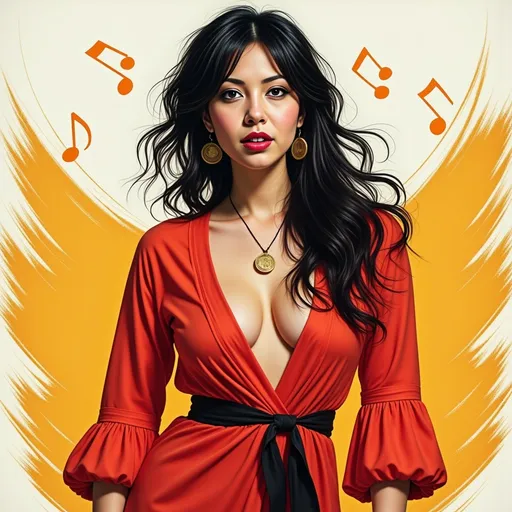 Prompt: <mymodel> Patrick Nagel style, messy black hair, full body image, boho outfit is red and orange and black and white and  yellow.  Floating quarter notes of white and red and orange and yellow in the background and foreground. Background consists of uneven brush strokes in white and red and orange and yellow.