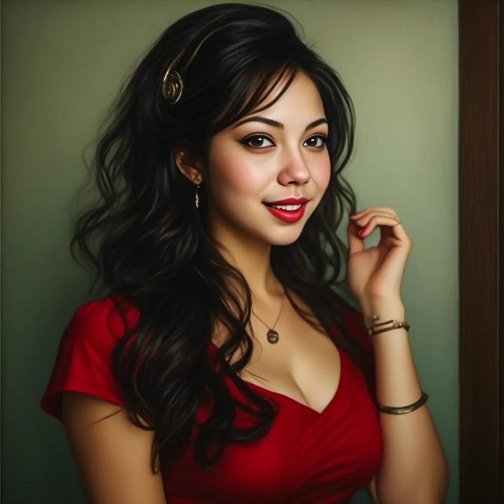 Prompt: <mymodel>woman, oil painting, hyper realistic, high details, full body shot, pinup pose, perfect eyes, perfect hair, beautiful, red dress, muted red lips, dark brown eyes, black hair.
