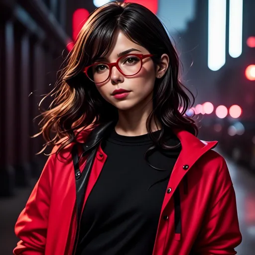 Prompt: <mymodel> Red framed horn rimmed glasses with bright reflections on the lenses, and red and black layered shirts. using only black, red, and white.  Background is black with neon red light.