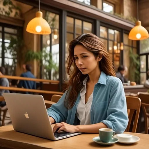 Prompt: <mymodel> in a cafe, dressed casually, working on a laptop.